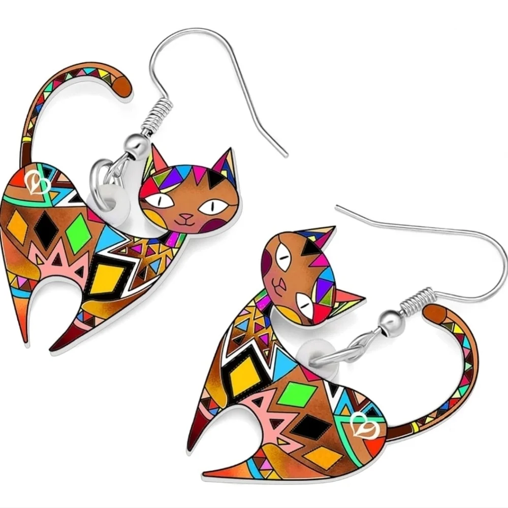 Women's jewelry unique multicolored designed cat dangle earrings!